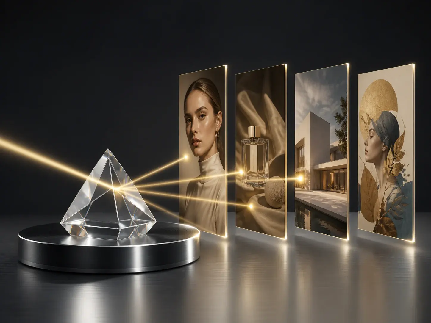 Crystal prism distributing GPT Image 2.5 AI ideas into portrait, product, architecture, and illustration panels